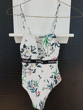 bebe Floral One-Piece Swimsuit in White with Green Accents